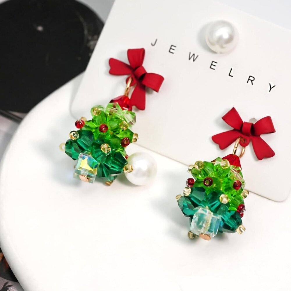Women's Red Bow Handmade Beaded Green Christmas Tree Dangle Earrings Cute Bow - Picture 6 of 8